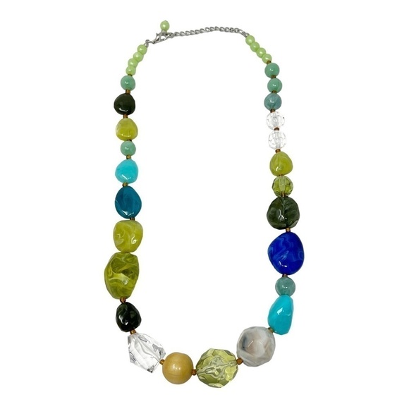 Multicolor Swirl Faceted Green Blue Clear Turquoise Color Lucite Beaded Necklace - Picture 5 of 7